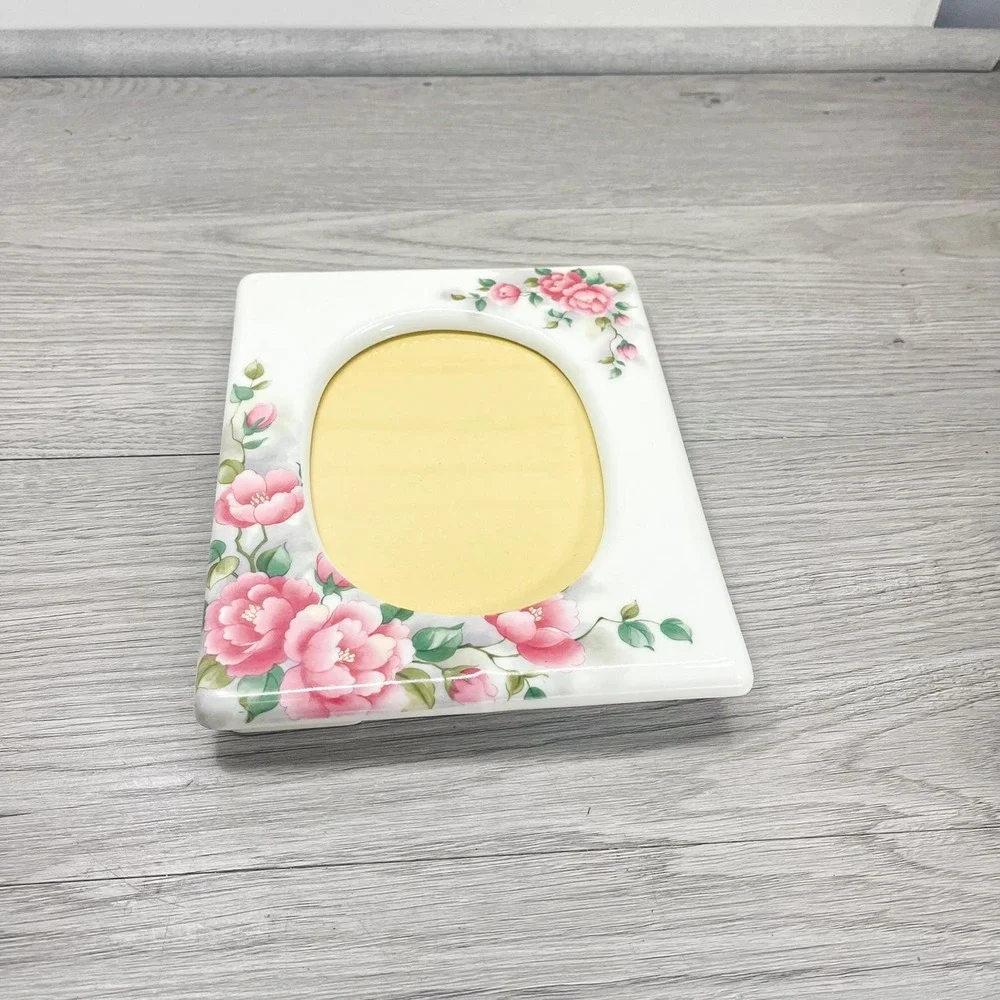 Vintage White Ceramic Picture Frame:‎ Pink Floral Cottagecore Decor